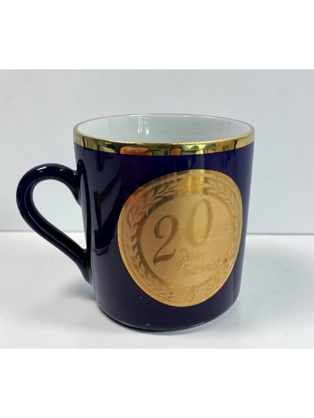 20 Years of Service Mini Mug Commemorative Navy Blue Gold Trim Ceramic